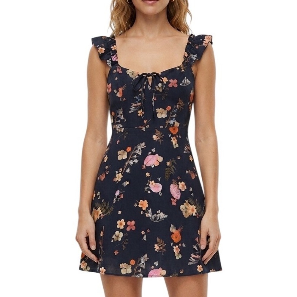 Aritzia Sunday Best Dress Womens 4 Navy‎ Floral Ruffle Strap Mini Tie Front